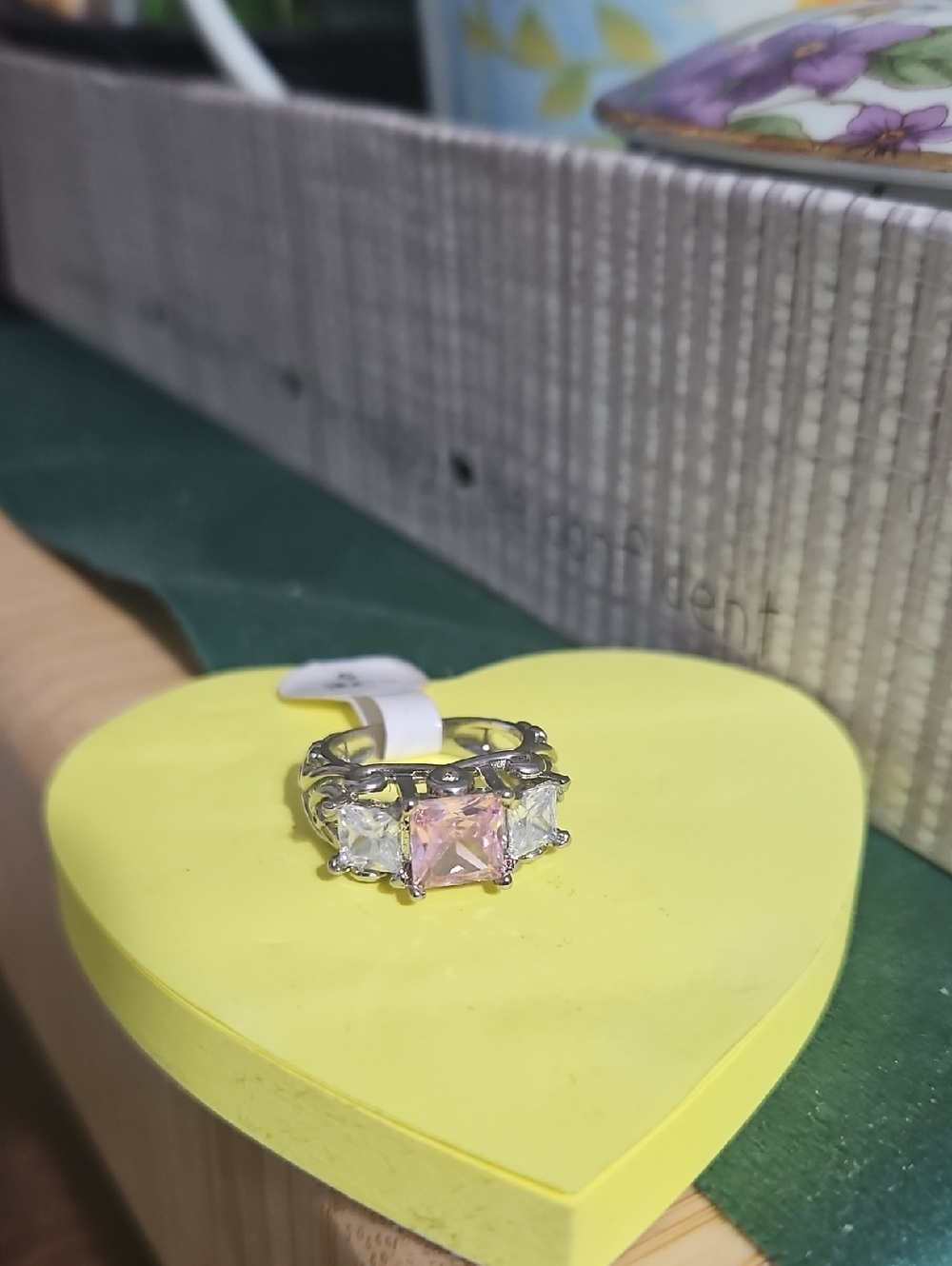 Silver Pink Center Stone Three-Stone Ring